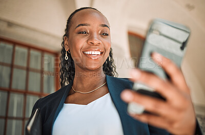 Buy stock photo Phone, commute and a business black woman in the city, searching for directions or typing a message. Mobile, travel and gps with a young female employee looking for a location on a navigation app