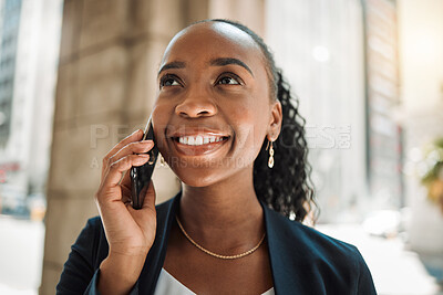 Buy stock photo Happy black woman, phone call and city for discussion, communication or networking. Face of African female person smile and talking on smartphone for business conversation or advice in an urban town