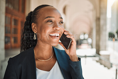 Buy stock photo Happy, talking and a black woman on a phone call, thinking and in communication in the city. Smile, idea and an African girl or employee speaking on a mobile for a chat, conversation or discussion