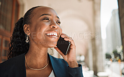 Buy stock photo Thinking, talking and a black woman on a phone call, laughing and in communication in the city. Smile, idea and an African girl or employee speaking on a mobile for a chat, conversation or discussion