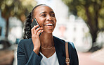Phone call, business woman and smile outdoor in a city park with networking and connection. Commute, African female person and happy from discussion and talking on a mobile with a conversation