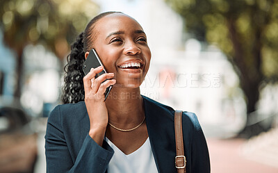 Buy stock photo Phone call, business woman and smile outdoor in a city park with networking and connection. Commute, African female person and happy from discussion and talking on a mobile with a conversation