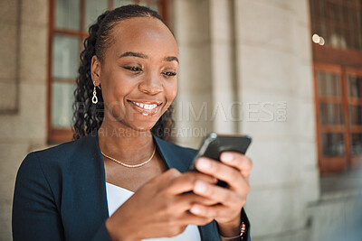 Buy stock photo Phone, gps and a business black woman in the city, searching for directions or typing a message. Mobile, travel and commute with a young female employee looking for a location on a navigation app