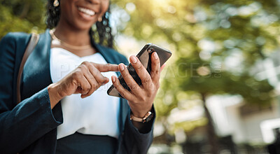 Buy stock photo Typing, hand and a woman with phone in city for communication, social media and an email. Smile, contact and an employee with a search, chat or reading a notification on a mobile app with mockup