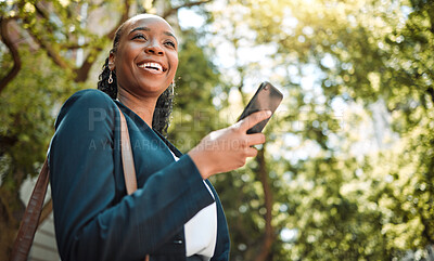 Buy stock photo Outdoor, black woman and smartphone with connection, typing and happiness with social media, nature and travel. Thinking, female person or girl with a cellphone, mobile app or smile with website info