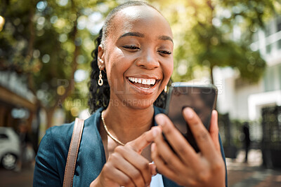Buy stock photo Outdoor, black woman and smartphone with a mobile app typing and happiness with social media, contact and email. Thinking, female person or girl with a cellphone, connection or website info in a city