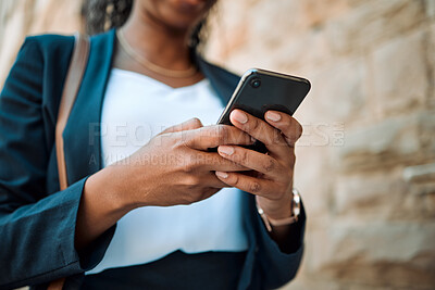 Buy stock photo Hands, smartphone and woman typing, social media search and closeup with chat online, communication and technology. Internet connection, text message or email, female person and using phone with app