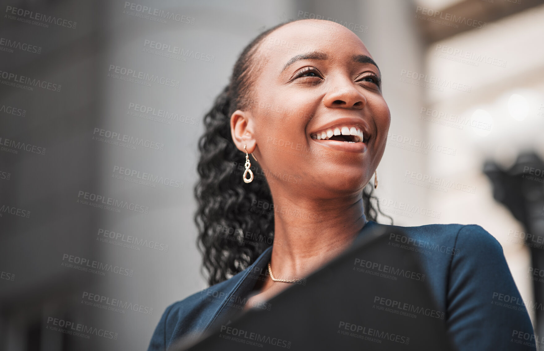 Buy stock photo Face, happy black woman or lawyer thinking with smile, education or empowerment working in a law firm. Court, constitution or proud African attorney with knowledge, ideas or vision for legal agency