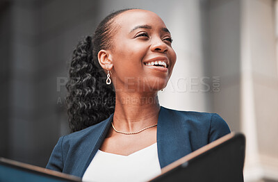 Buy stock photo Book, happy black woman or lawyer thinking with smile, research or empowerment working in a law firm. Court, constitution or proud African attorney with knowledge, ideas or vision for legal agency 