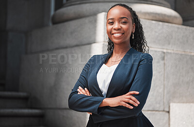 Buy stock photo Arms crossed, lawyer or portrait of happy black woman with smile or confidence working in a law firm. Confidence, empowerment or proud African attorney with leadership or vision for legal agency