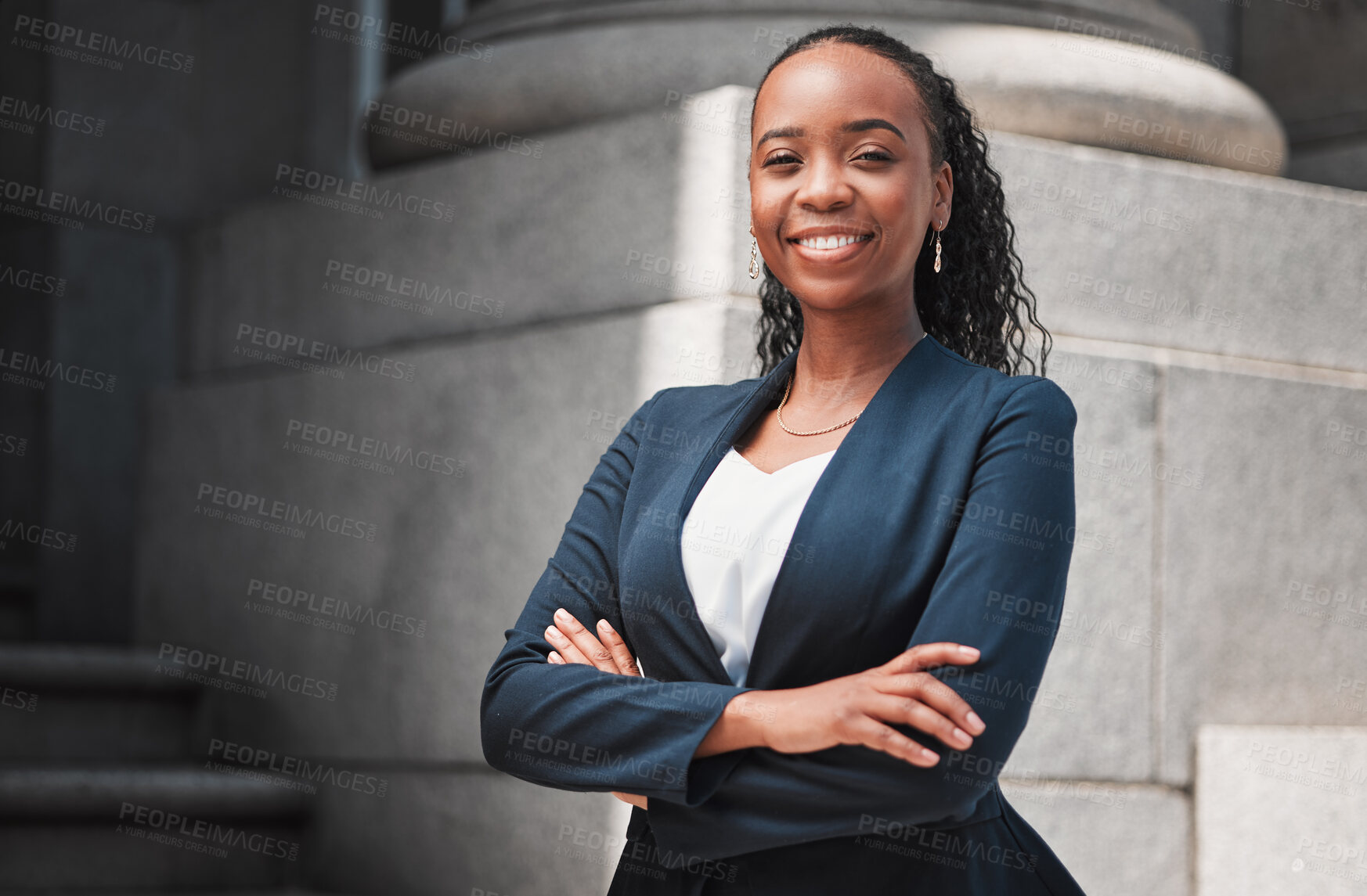 Buy stock photo Arms crossed, lawyer or portrait of happy black woman with smile or confidence working in a law firm. Confidence, empowerment or proud African attorney with leadership or vision for legal agency