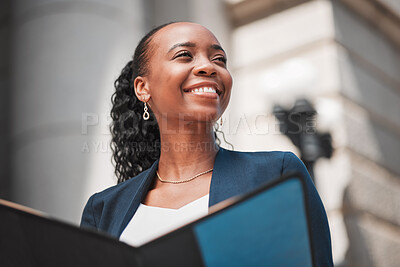 Buy stock photo Book, happy woman or lawyer thinking with smile, education or constitution research by law firm or court Smile, empowerment or proud African attorney with knowledge, ideas or vision for legal agency