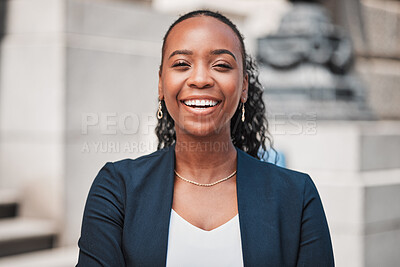 Buy stock photo Laughing, lawyer or portrait of happy black woman with joy or confidence working in a law firm. Face, empowerment or proud African attorney with leadership, smile or vision by legal agency building 