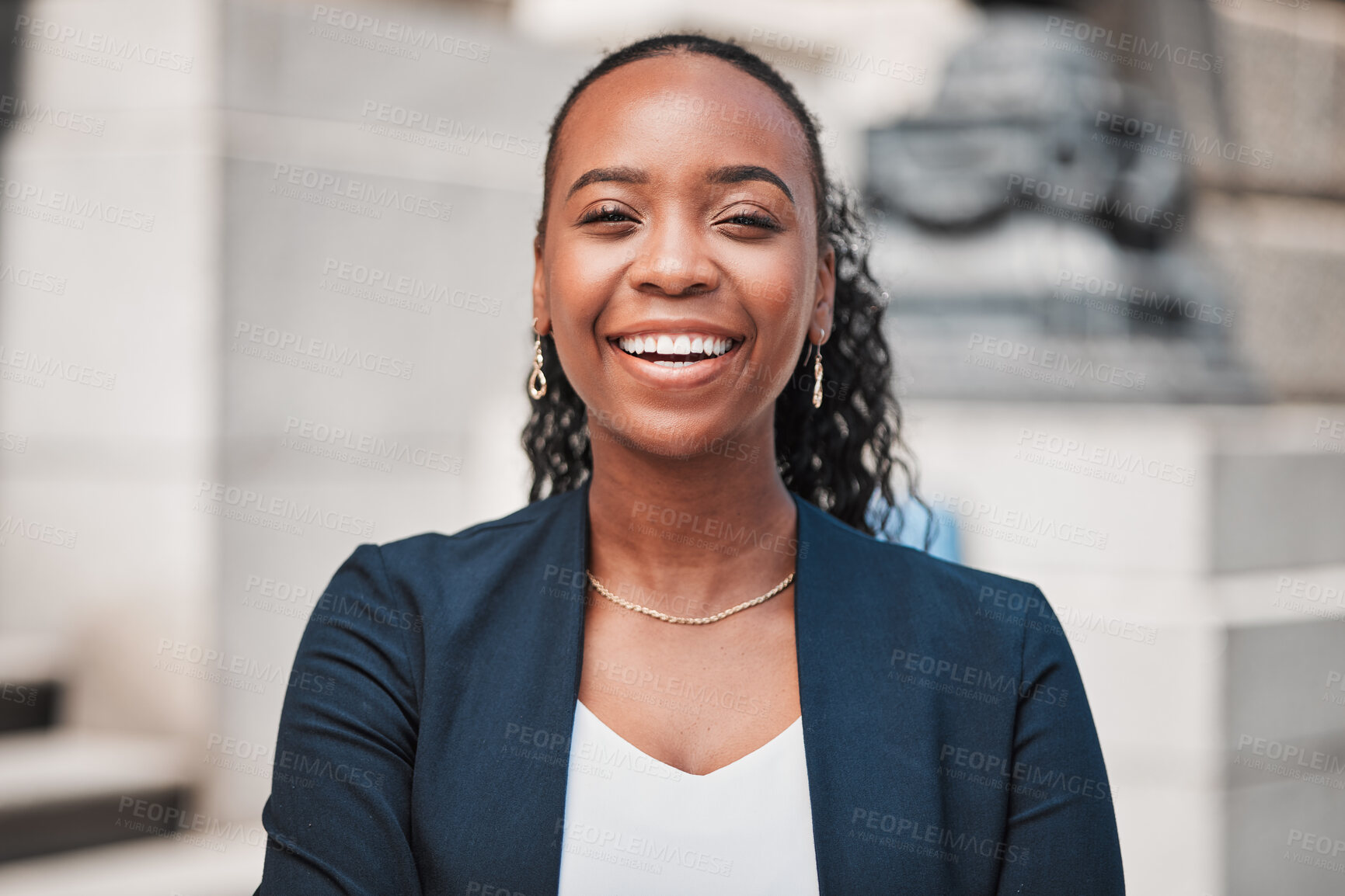 Buy stock photo Laughing, lawyer or portrait of happy black woman with joy or confidence working in a law firm. Face, empowerment or proud African attorney with leadership, smile or vision by legal agency building 