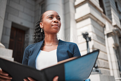 Buy stock photo Book, black woman or lawyer thinking with education, empowerment or constitution research by law firm. Reading, studying or African attorney with knowledge, ideas or vision for legal agency by court 