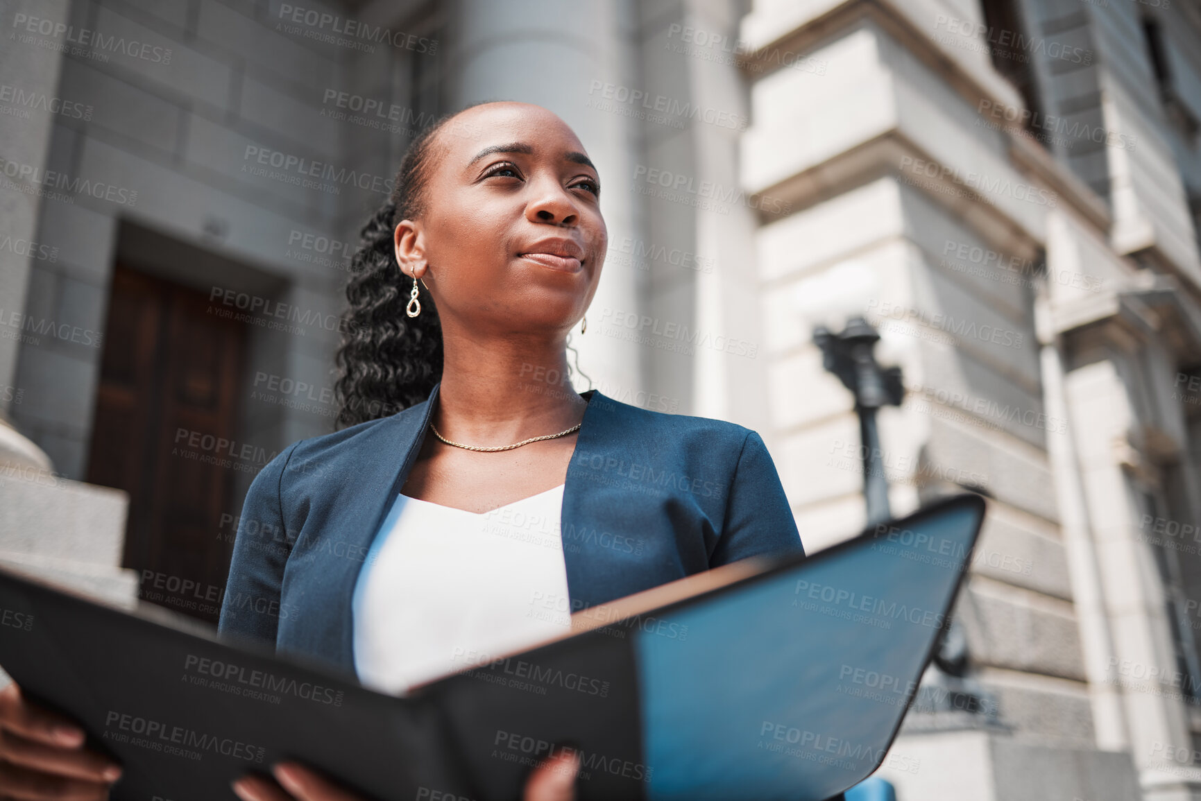 Buy stock photo Book, black woman or lawyer thinking with education, empowerment or constitution research by law firm. Reading, studying or African attorney with knowledge, ideas or vision for legal agency by court 