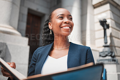 Buy stock photo Book, black woman or happy lawyer with education, legislation or constitution research by law firm. Reading, studying or attorney thinking of knowledge, ideas or vision for legal agency by court 