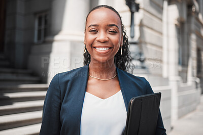 Buy stock photo Happy black woman, lawyer and portrait smile in confidence for career ambition in the city. Face of African female person or business attorney in happiness or pride for job opportunity in urban town