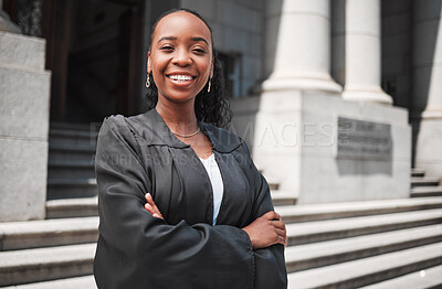 Buy stock photo Arms crossed, black woman or portrait lawyer with confidence, empowerment or justice outside court. Happy, empowerment or proud African attorney with leadership, ideas or vision for legal agency 