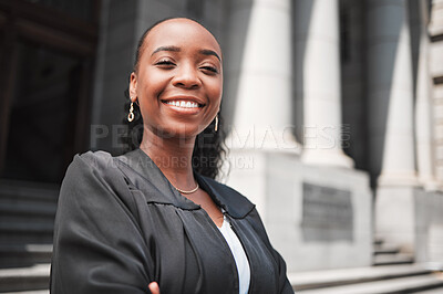 Buy stock photo Happy, black woman or portrait lawyer with confidence, empowerment or justice outside court. Face, empowerment or proud African attorney with leadership, arms crossed or vision for legal agency 
