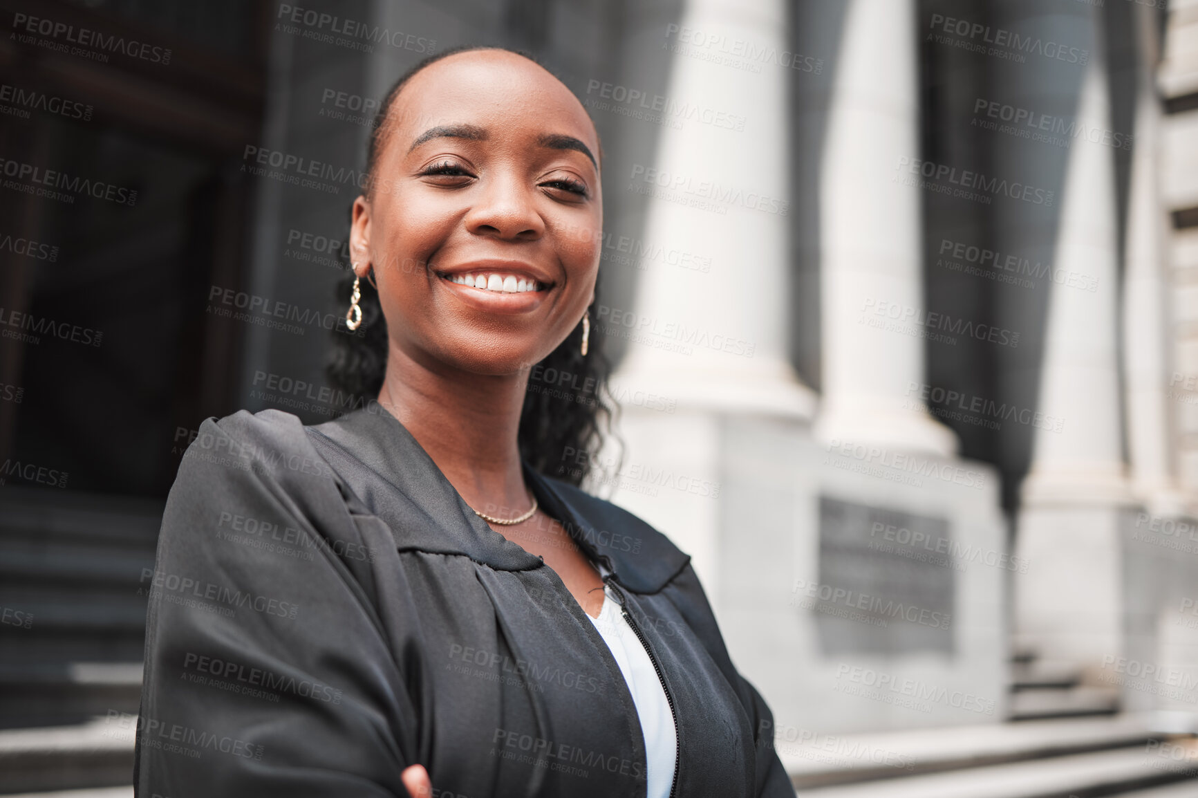 Buy stock photo Happy, black woman or portrait lawyer with confidence, empowerment or justice outside court. Face, empowerment or proud African attorney with leadership, arms crossed or vision for legal agency 