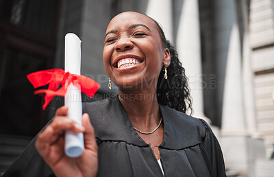 Buy stock photo Excited, black woman and graduation, diploma and celebration, university education with success and event. Graduate, certificate and happy student person outdoor with future and academic achievement