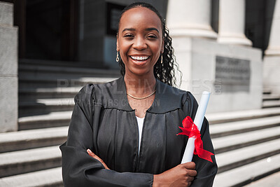 Buy stock photo Portrait, black woman and graduation, diploma and celebration, university education with success and event. Graduate, certificate and happy student person outdoor with future and academic achievement