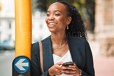 Buy stock photo Happy black woman, phone and city on sidewalk for travel, social media or communication in Cape Town. African female person smile for traveling or networking on smartphone app by street traffic light