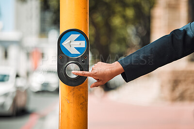 Buy stock photo Woman, hands and arrow button on road in city for pedestrian crossing signal in safe travel outdoors. Female person touching sign, symbol or crosswalk by robot for safety on street in Cape Town