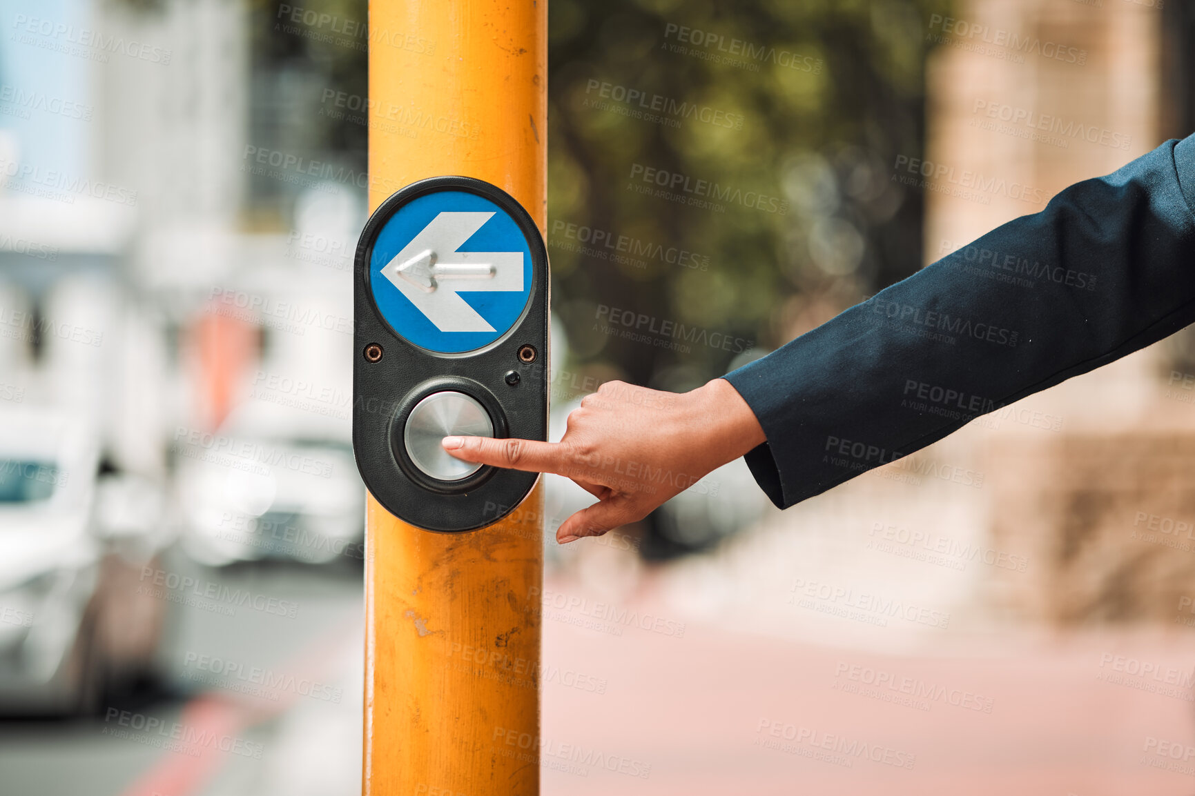 Buy stock photo Woman, hands and arrow button on road in city for pedestrian crossing signal in safe travel outdoors. Female person touching sign, symbol or crosswalk by robot for safety on street in Cape Town
