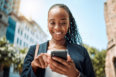 Buy stock photo Phone, walking and a business black woman in the city, searching for directions or typing a message. Mobile, smile and gps with a young female employee looking for a location on a navigation app