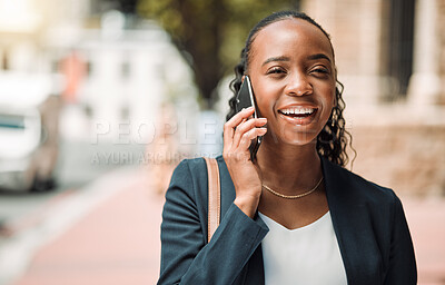 Buy stock photo Phone call, city and business woman for communication, networking and career opportunity with outdoor travel. Sidewalk, urban and happy professional african person talking and chat on mobile voip 