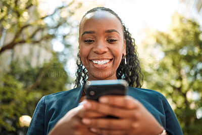 Buy stock photo Smartphone, black woman typing outdoor with social media and chat online, communication and technology. Internet connection, text message or email with closeup, female person and mobile app in nature