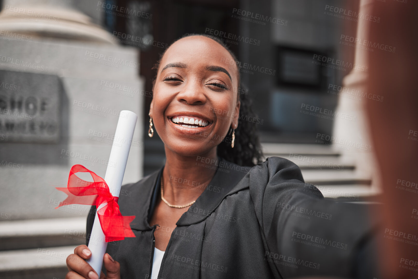 Buy stock photo Selfie, black woman and graduation, certificate and celebration memory, university education success and event. Graduate, female person smile in picture outdoor with academic achievement and happy