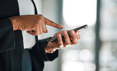 Buy stock photo Closeup, employee or hands typing on a phone for social media chat, internet post or website notification. Searching, digital news blog or worker texting on online networking mobile app in office 