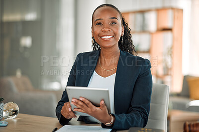 Buy stock photo Lawyer, portrait and black woman with tablet in office for research, email and smile. African attorney, technology and face of happy professional, advocate and legal advisor from Nigeria in law firm.