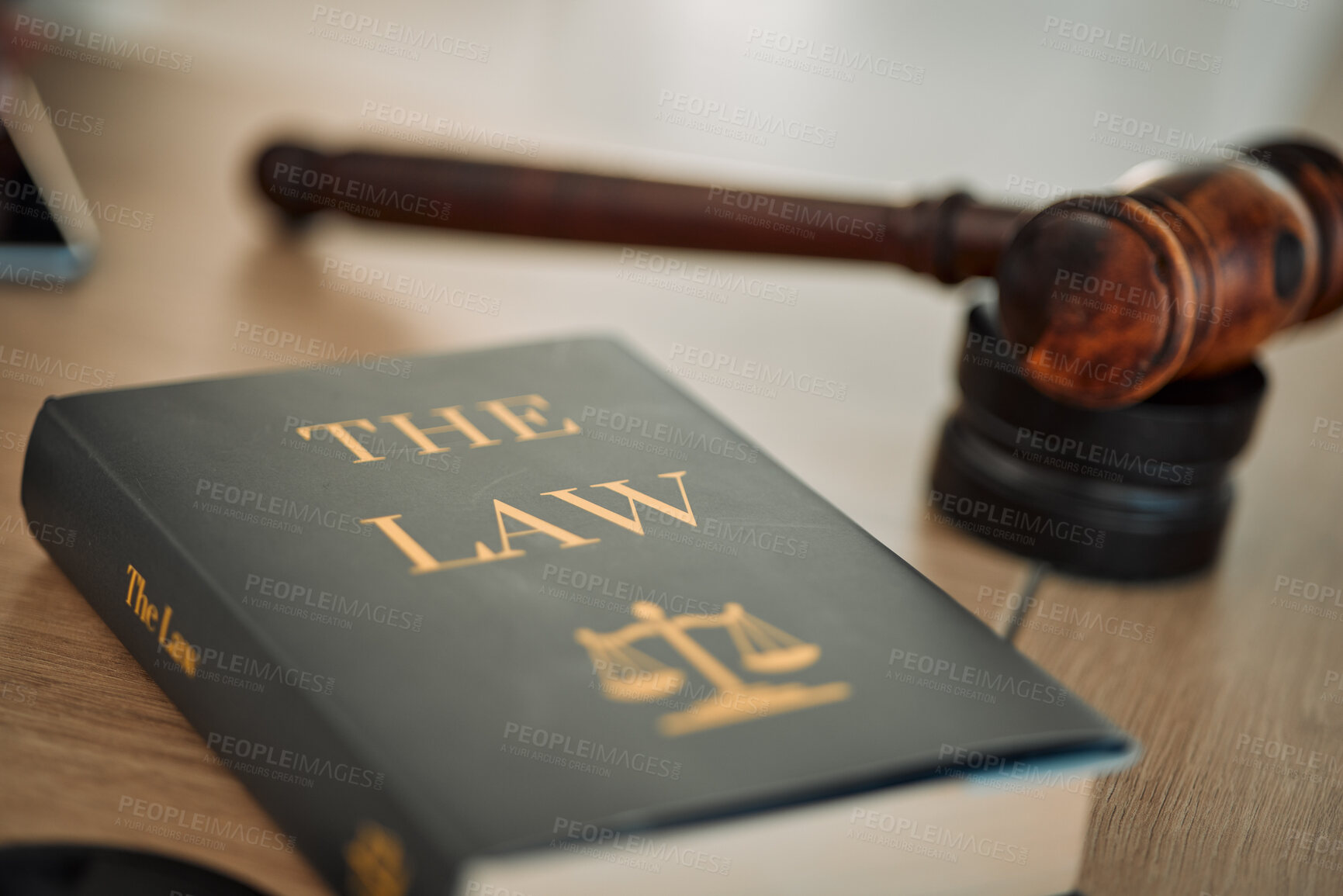 Buy stock photo Justice law book and gavel in court for truth, freedom and legal system for rights, faith and constitution. Courtroom, desk and expert guide for judge in knowledge, information and trust with hammer.