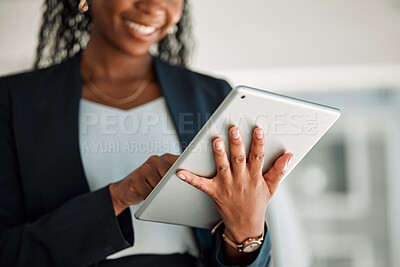 Buy stock photo Lawyer, hands and black woman with tablet in office for legal research, online app and social media. African attorney, technology and happy professional reading business email, networking or internet