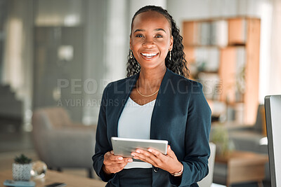 Buy stock photo Portrait, lawyer and black woman with tablet, smile and happy in office workplace. African attorney, technology and face of professional, female advocate and legal advisor from Nigeria in law firm.