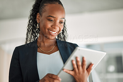 Buy stock photo Lawyer, smile and black woman with tablet in office for legal research, online app and social media. African attorney, technology and happy professional reading business email, networking or internet
