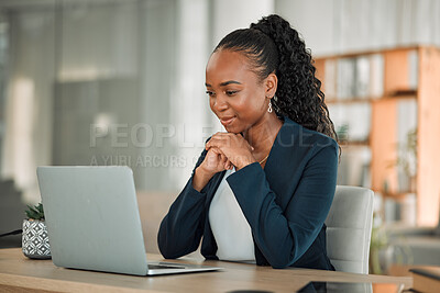 Buy stock photo Laptop, thinking and office business woman or Human Resources employee for company ideas and solution. Reading, online review and professional HR worker or african person on computer for career email
