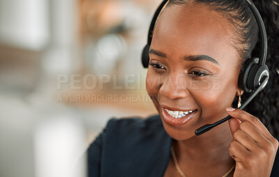 Buy stock photo CRM, telemarketing and black woman with headphones, call center and telecom sales with help. Female person, consultant and agent with tech support, representative and customer service with network