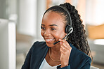 Headphones, telemarketing and black woman with a smile, call center or consultant with internet connection. Female person, tech support or agent with telecom sales, representative or customer service