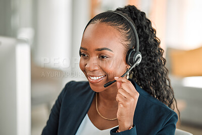 Buy stock photo Headphones, telemarketing and black woman with a smile, call center or consultant with internet connection. Female person, tech support or agent with telecom sales, representative or customer service