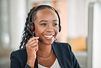 Thinking, telemarketing and black woman with a smile, call center and tech support with help. Female person, decision and consultant with telecom sales, ideas and customer service with headphones
