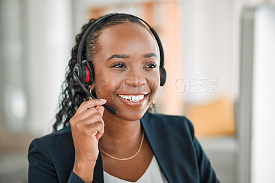 Buy stock photo Business, telemarketing and black woman with a smile, call center and tech support with help. Female person, ecommerce and consultant with telecom sales, ideas and customer service with headphones
