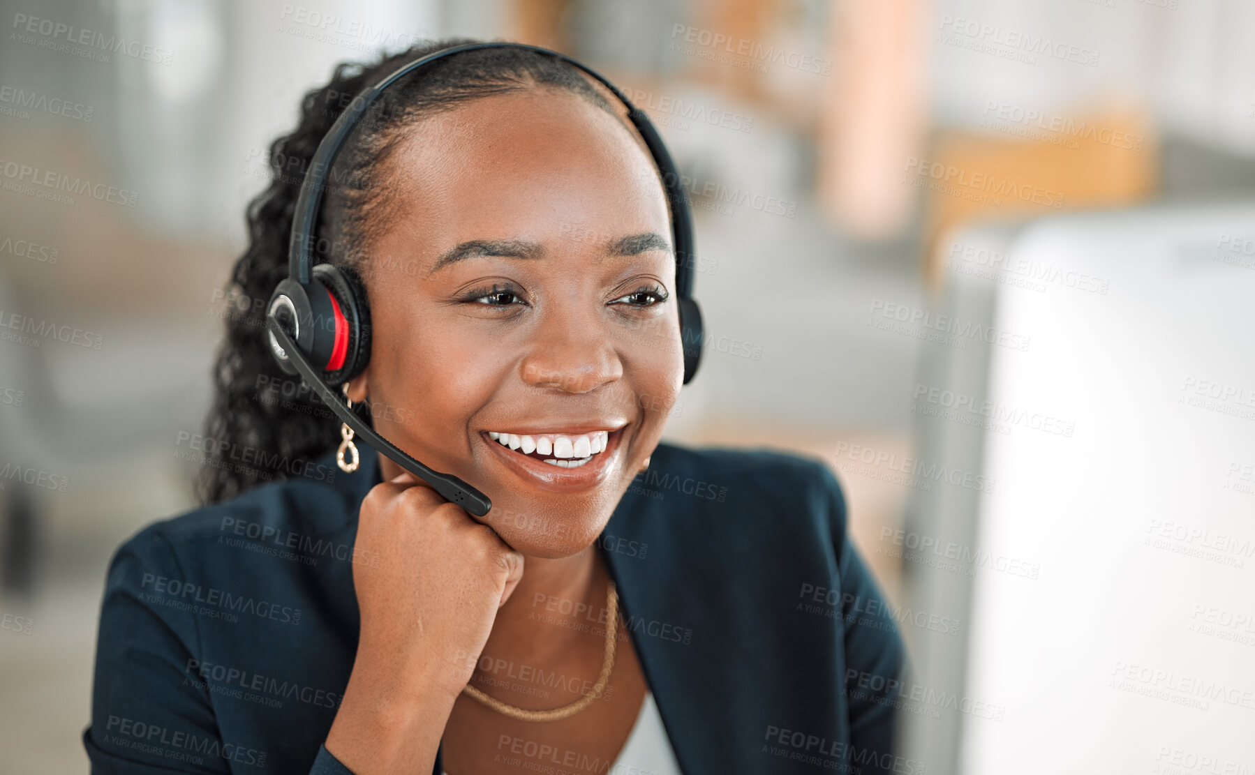 Buy stock photo CRM, telemarketing or black woman with a smile, call center or internet connection with help. Female person, consultant or agent with telecom sales, representative or customer service with headphones