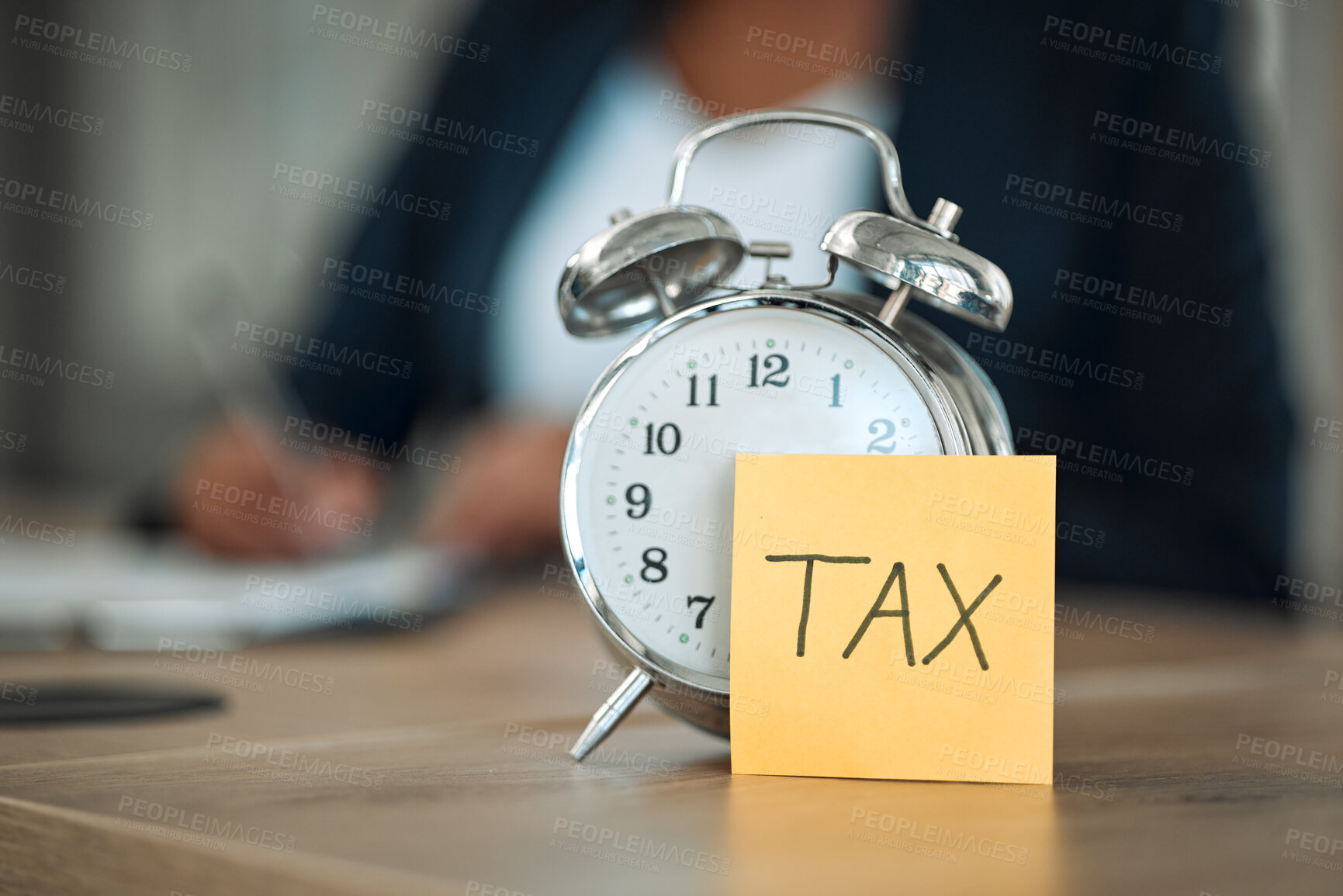 Buy stock photo Taxes, clock and business person writing for financial report, accounting paperwork and documents or checklist. Clipboard, application reminder and professional people with clipboard, notes and time