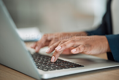 Buy stock photo Hands, trader or woman typing on laptop working on email or research project on keyboard. Technology closeup, trading online or worker writing blog report, post or internet article review in office
