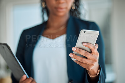 Buy stock photo Phone, search and woman accountant typing an email or online message on a mobile app, web or website connection. Finance, profit and corporate person writing a social media update for a  company